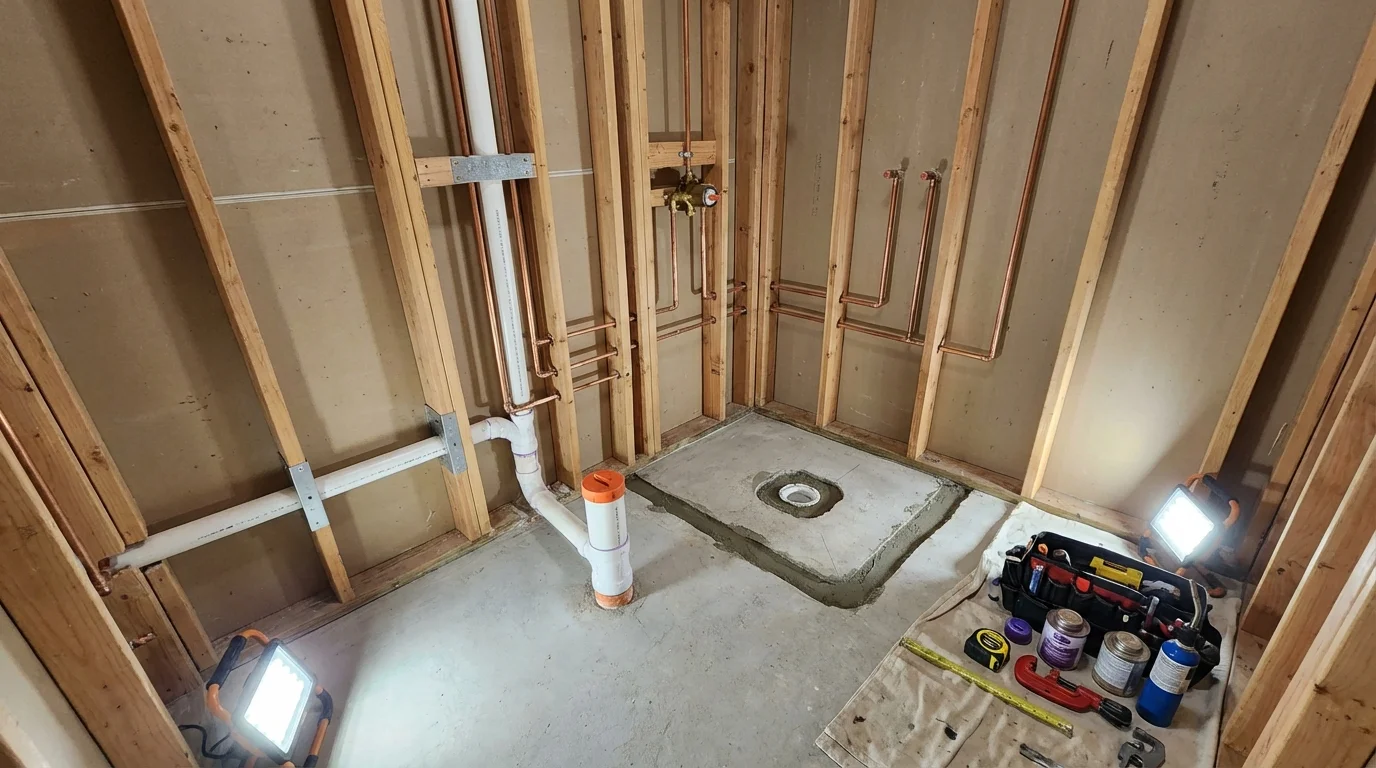 Bathroom rough-in plumbing during remodel by Johns Plumbing LLC in Hull
