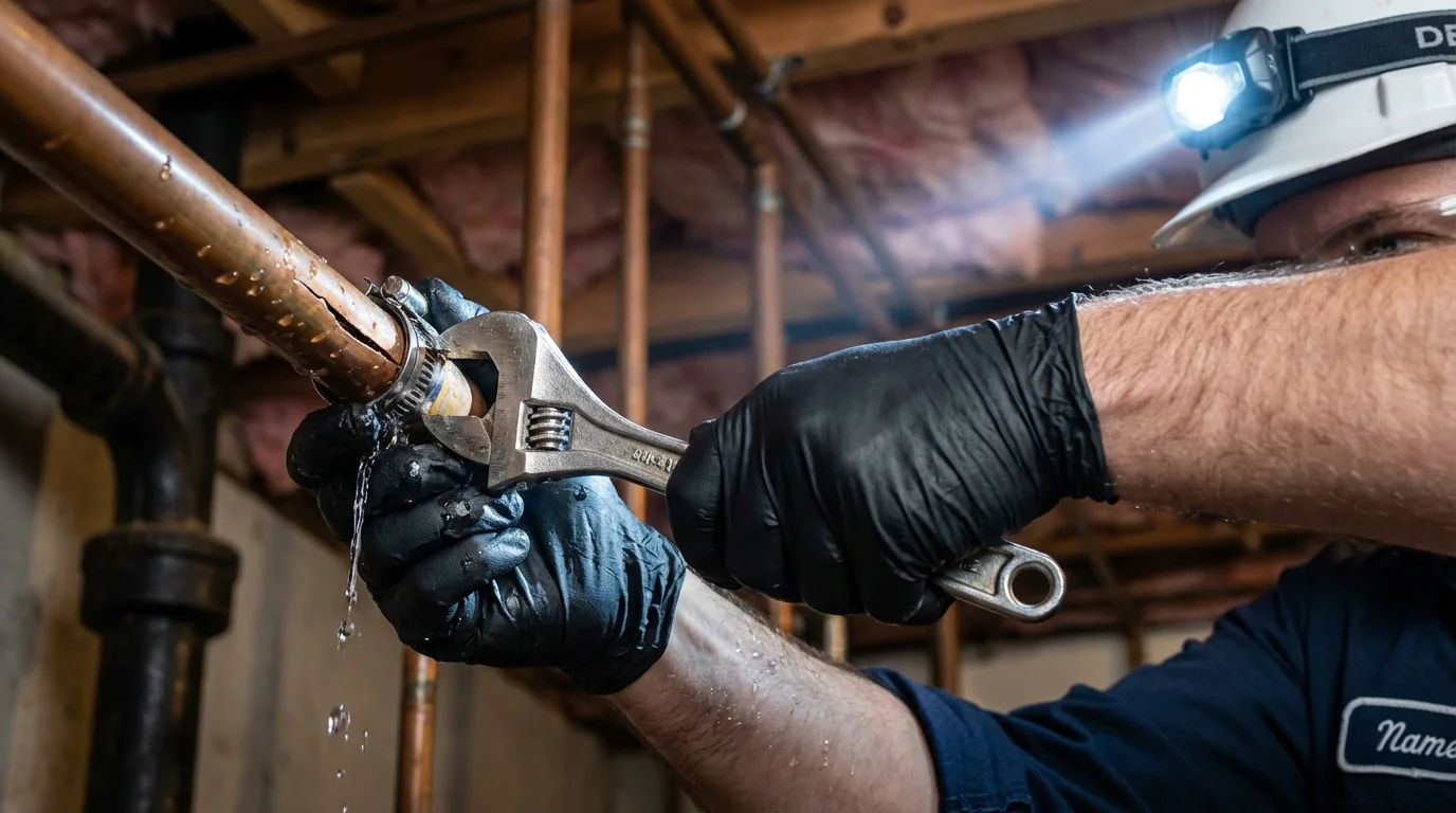 Emergency pipe clamp repair being performed by a Johns Plumbing LLC plumber in Hull