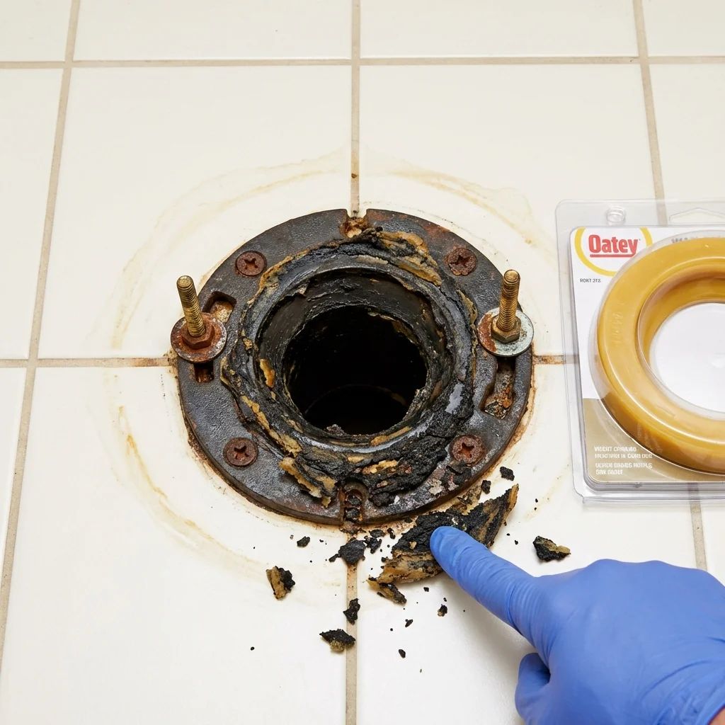 Failed wax ring showing water seepage at the base of a toilet in a Hull, MA home