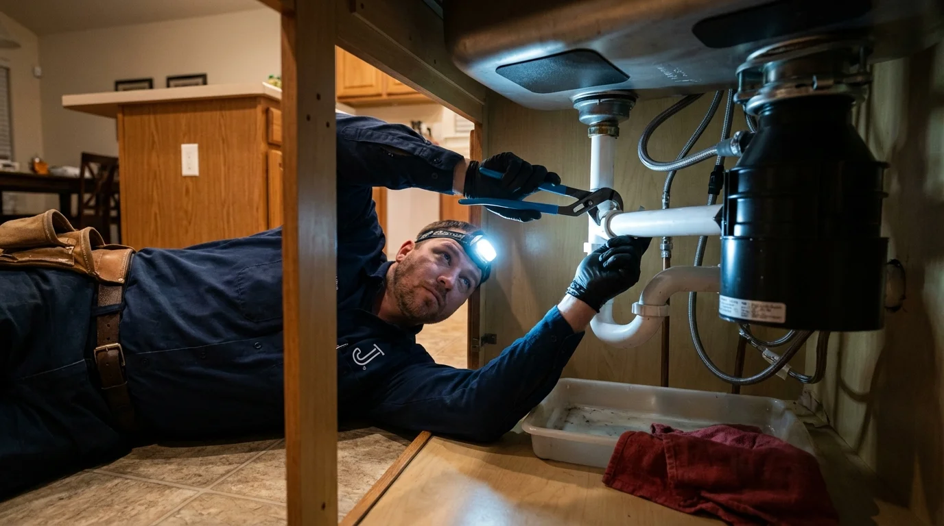 P-trap and supply line connections under a kitchen sink showing a common leak point in Hull, MA